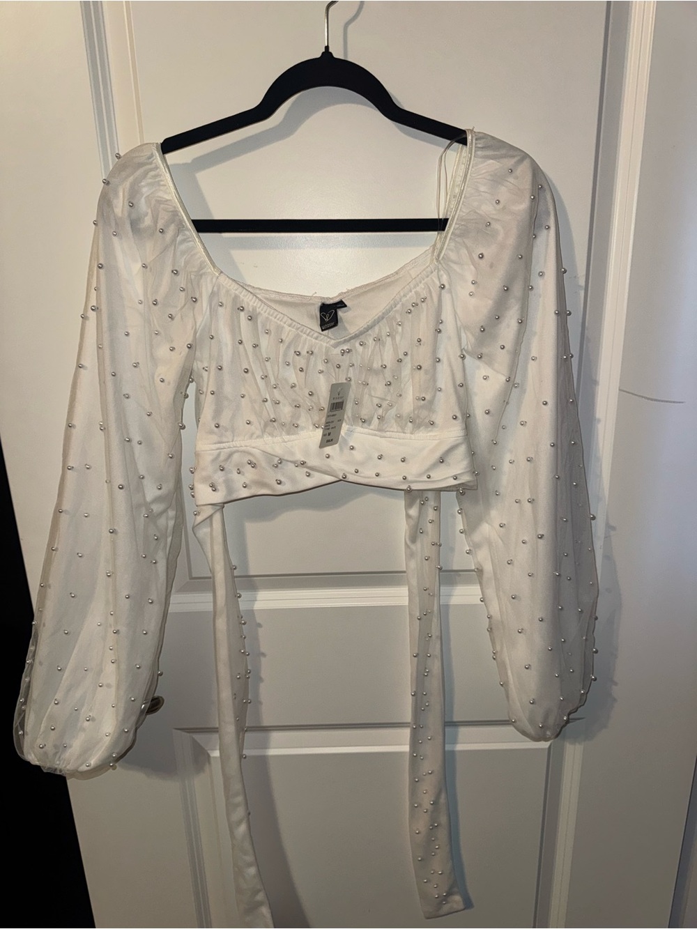 Windsor White Pearl-Studded Long Sleeve Cropped Top